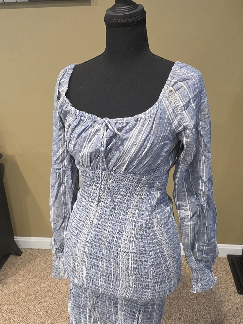 Guess Blue and White Striped Long Sleeve Smocked Dress